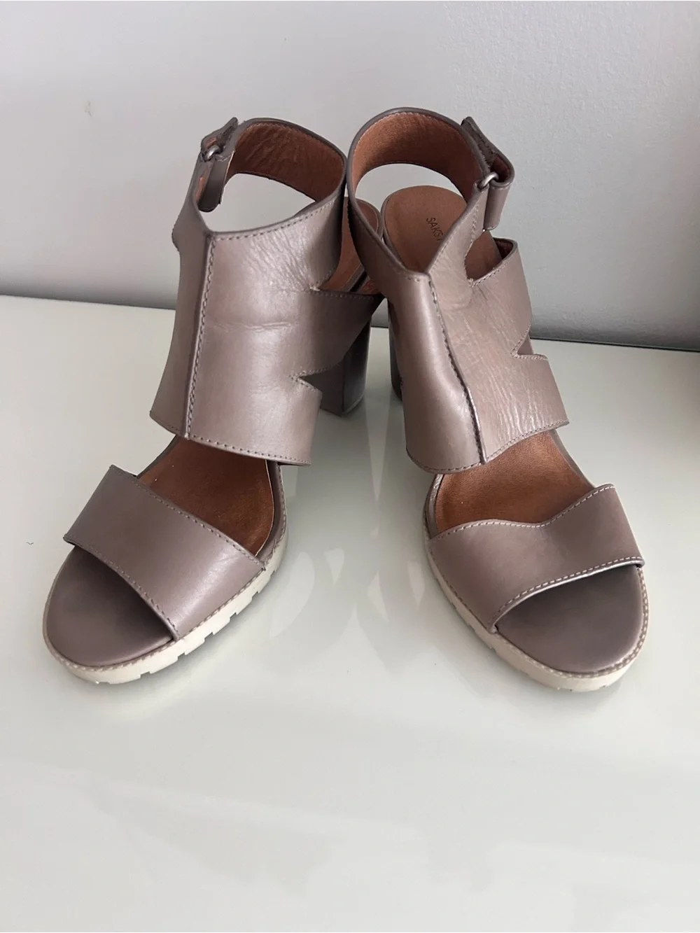Saks Fifth Avenue Taupe Leather Block Heel Sandals